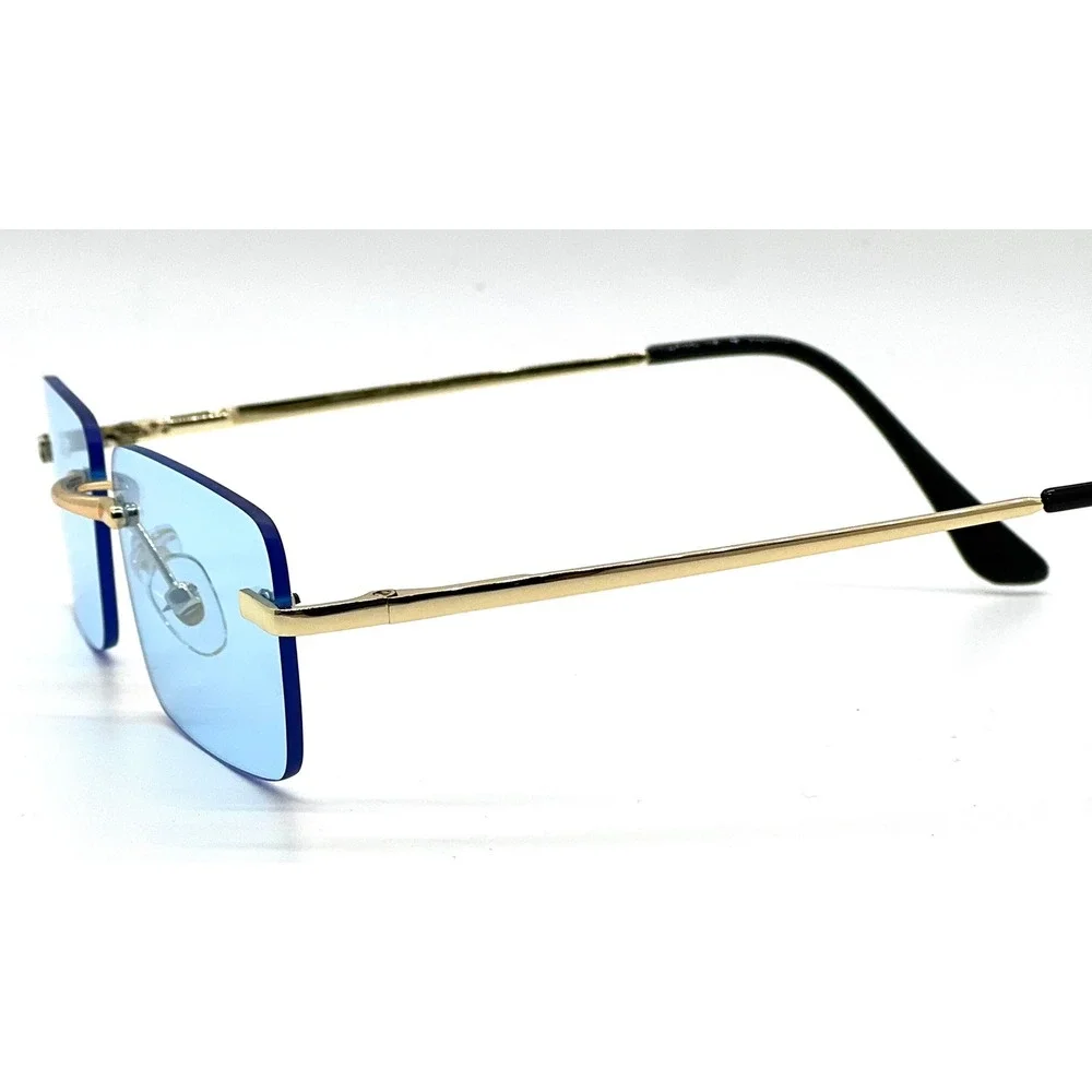 Rimless Sunglasses Men Rectangle Blue Lens Gold Frame Fashion Shades Hip Hop New